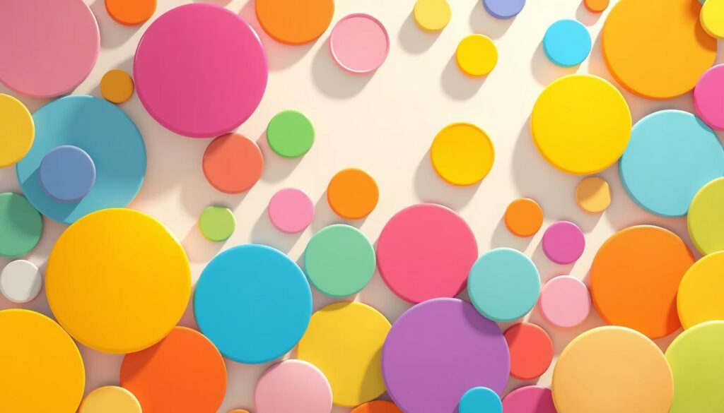 A bright and lively illustration of 30 colorful circles of varying sizes, arranged in a dynamic, asymmetrical composition. The circles are rendered with a smooth, digital aesthetic, creating a sense of playfulness and energy. Soft, diffused lighting from multiple angles illuminates the scene, casting gentle shadows and highlights that add depth and dimensionality. The overall tone is upbeat and inspiring, capturing the essence of a warm-up exercise to stimulate the mind and spark creativity.