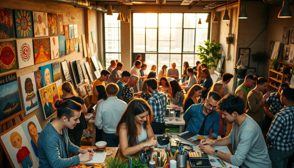 A bustling creative community, people of diverse backgrounds and talents gathered in a vibrant, open-concept space. Warm, golden lighting casts a cozy glow, illuminating colorful art displays, workstations with various tools and materials, and groups of individuals engaged in lively discussions. In the foreground, two people collaborate on a project, their faces alight with enthusiasm. The middle ground reveals a mix of painters, designers, and musicians, each immersed in their craft. In the background, a large window offers a glimpse of an urban landscape, blending the energy of the city with the nurturing atmosphere of the shared workspace. The scene conveys a sense of inspiration, collaboration, and the power of collective creativity.
