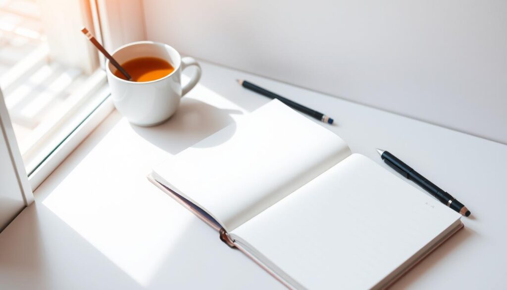 A clean, minimalist desk setup with a crisp, white notebook, a variety of pens and pencils neatly arranged, and a cup of fresh coffee or tea. The notebook is open to a blank page, with sunlight streaming in through a large window, creating a warm, inviting atmosphere. The composition is balanced, with the notebook and writing instruments taking up the foreground, while the background features a simple, uncluttered space, allowing the viewer to focus on the act of starting a new creative journal. The lighting is soft and natural, creating a sense of serenity and inspiration.
