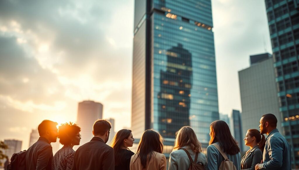 A corporate office building stands tall, its sleek glass façade reflecting the bustling city skyline. In the foreground, a group of diverse individuals representing different backgrounds and expertise engage in a thoughtful discussion, their body language conveying a sense of collaboration and shared purpose. The lighting is warm and inviting, casting a subtle glow that highlights the importance of the scene. The composition emphasizes the intersection of technology, innovation, and human rights, with the building's modern architecture serving as a backdrop to the meaningful dialogue taking place. The overall atmosphere conveys a sense of responsibility, as the group explores ways to ensure that technological advancements prioritize and protect human rights.