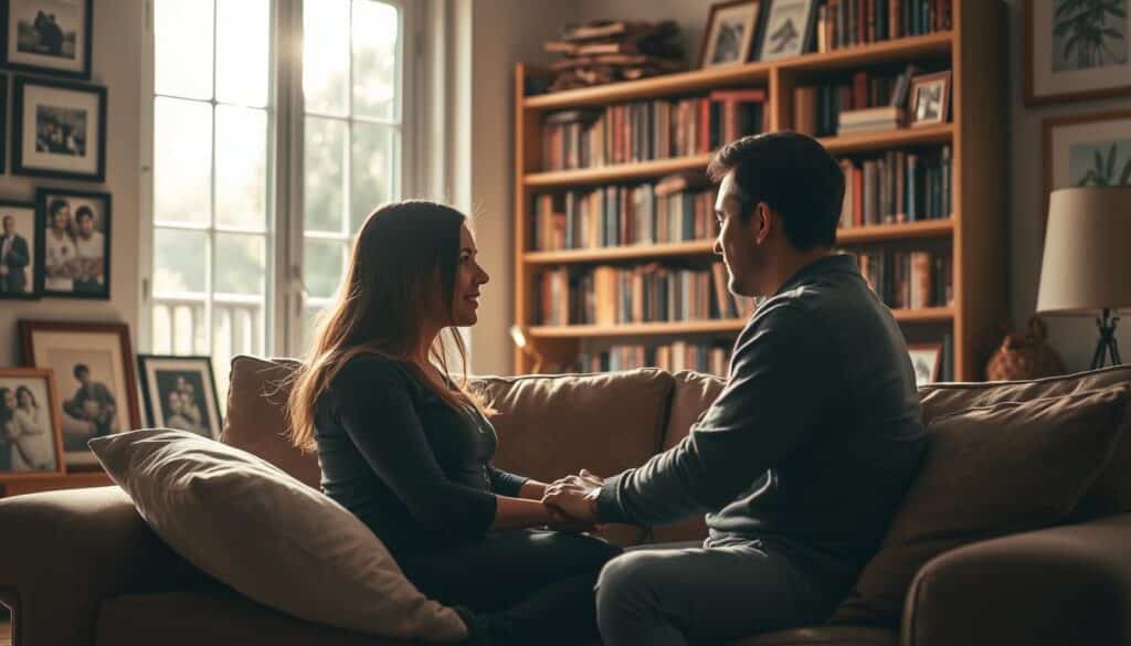 A cozy living room scene, bathed in soft, warm lighting. In the foreground, a couple sitting close on a plush couch, their bodies angled towards each other, hands intertwined, eyes locked in an intimate gaze. Surrounding them, framed photos and artwork depicting cherished memories and shared experiences. In the middle ground, a bookshelf filled with well-worn volumes, a symbol of their intellectual and emotional bond. The background features a large window, offering a serene view of a sun-dappled garden, hinting at the tranquility and comfort of their relationship. The overall atmosphere is one of tenderness, understanding, and the deep, unspoken connections that form the foundation of a fulfilling partnership.