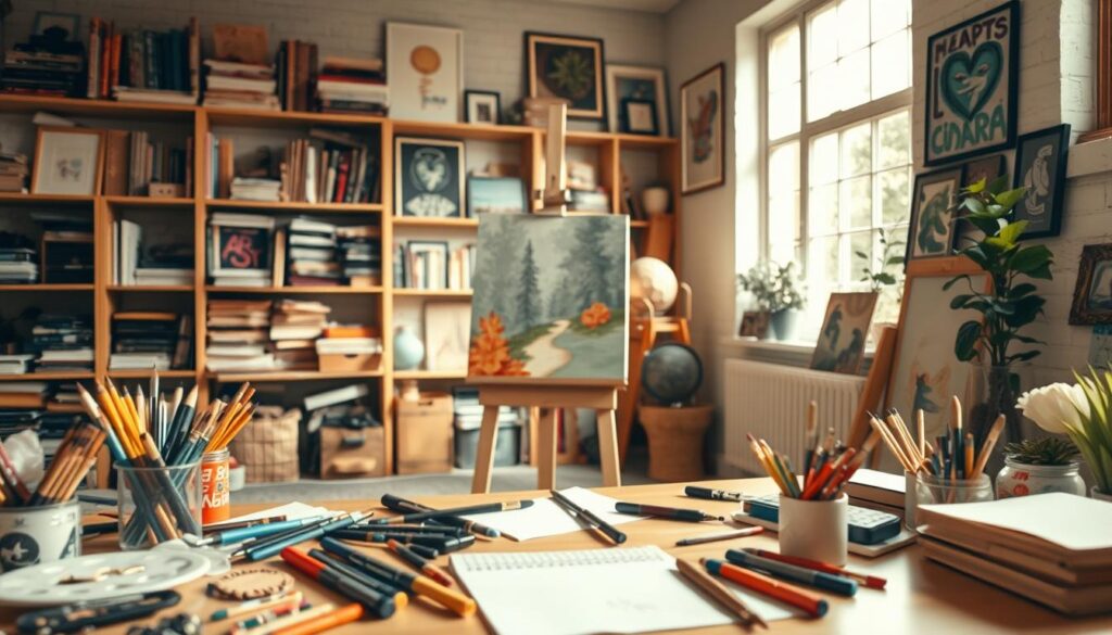 A cozy, well-lit studio space with an artist's desk in the foreground. The desk is cluttered with various creative tools - paintbrushes, pencils, markers, and a sketchpad. In the middle ground, an easel stands with a partially completed painting, capturing the artist's current work in progress. The background features shelves filled with art supplies, inspirational books, and framed pieces, conveying a sense of a vibrant, creative environment. Warm, natural lighting filters in through large windows, casting a soft, inviting glow over the scene. The overall atmosphere exudes focus, determination, and the joy of the creative process.