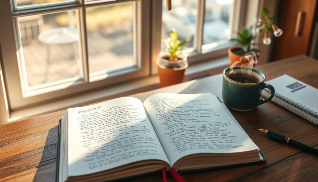 A cozy, well-lit study with an open journal on a wooden desk. Sunlight streams through a large window, casting a warm glow on the scene. Nearby, a cup of tea steams gently, and a small potted plant adds a touch of nature. The journal pages are filled with handwritten notes, sketches, and doodles, reflecting the benefits of journaling - increased self-awareness, improved mental clarity, and a sense of creative fulfillment. The composition captures the tranquil, reflective atmosphere of a dedicated journaling practice.