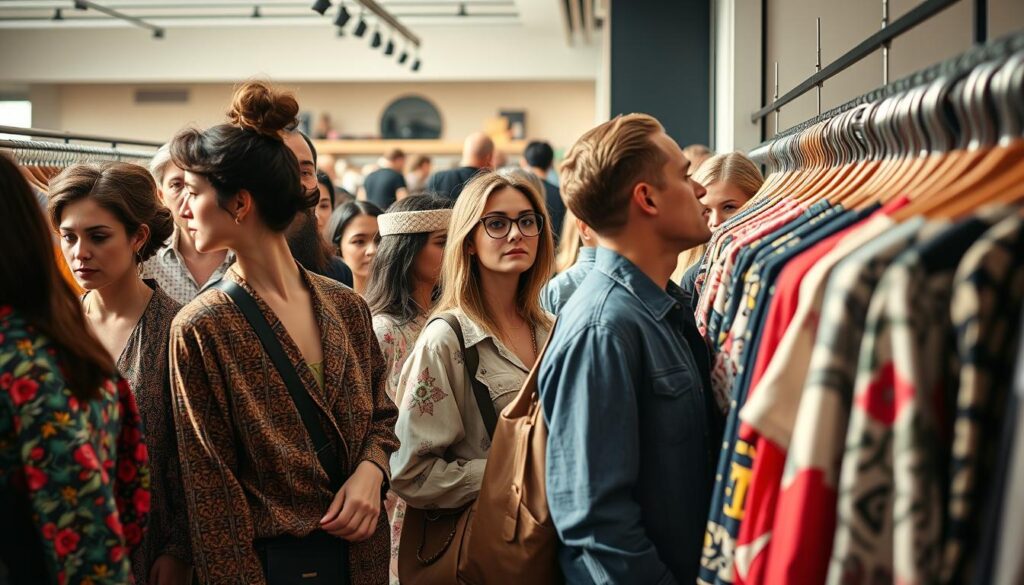 A crowd of fashion-conscious individuals, each with a distinct personal style, perusing the racks of a modern, well-lit retail space. Vibrant colors, intricate patterns, and diverse fabrics catch the eye, as shoppers carefully consider their choices. The atmosphere is one of thoughtful contemplation, with a touch of excitement, as consumers navigate the ever-evolving landscape of fashion trends. Soft, natural lighting accentuates the textures and details of the garments, inviting closer inspection. The scene captures the role of the consumer in shaping the fast-fashion industry, as they make conscious decisions that influence the market.