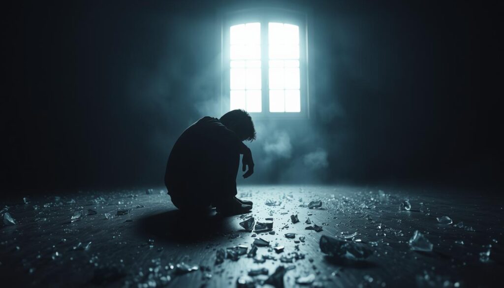 A dimly lit room, the air thick with a sense of unease. In the foreground, a figure sits hunched, their face obscured by shadows, consumed by an internal struggle. Jagged fragments of broken glass litter the floor, symbolizing the destructive patterns of self-sabotage. The middle ground is shrouded in a hazy, muted palette, conveying the emotional turmoil and the disconnection from reality. In the background, a lone window casts a faint glow, a glimmer of hope that beckons the figure to break free from the cycle of self-defeat. The scene is captured through a cinematic, low-angle lens, emphasizing the weight and intensity of the moment.