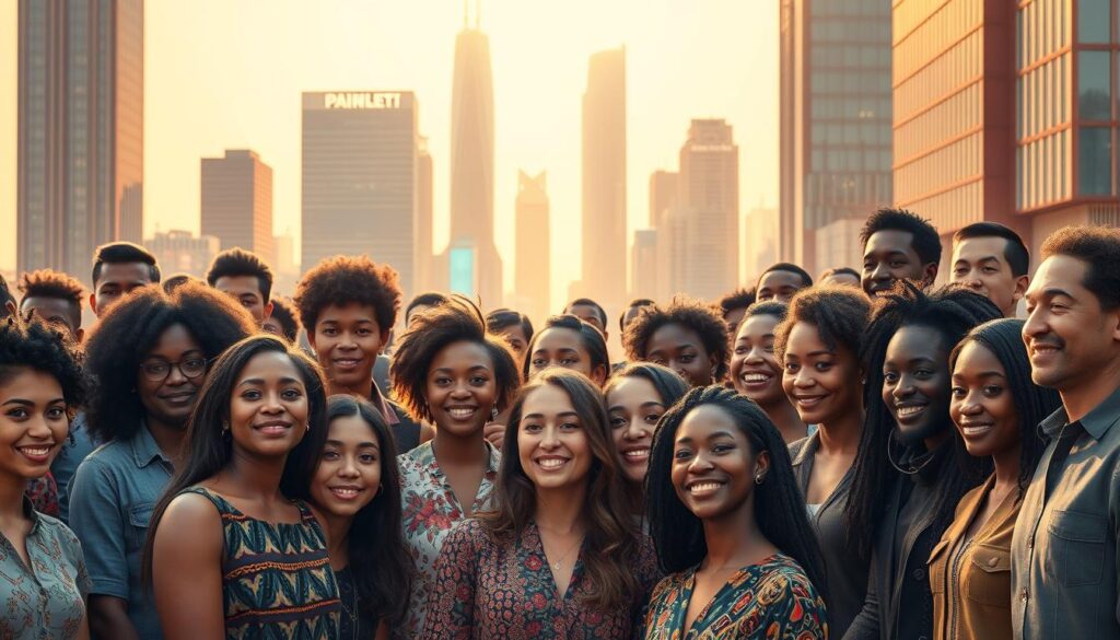 A diverse group of people standing together, united by the empowering force of AI technology. In the foreground, a vibrant mosaic of individuals from different backgrounds, races, and ages, their faces alight with hope and determination. Behind them, a sleek, futuristic cityscape, with towering skyscrapers and glowing holographic displays, symbolizing the integration of AI into the fabric of society. The scene is bathed in a warm, golden light, creating a sense of optimism and progress. The overall atmosphere conveys the potential of AI to drive positive social change, fostering a more equitable and inclusive future for all.