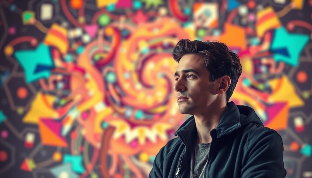 A focused, determined individual stands in the foreground, brow furrowed in concentration, embodying the "next action" mindset. Behind them, a kaleidoscope of colorful, abstract shapes and lines swirl, representing the flow of tasks, goals, and priorities. Soft, warm lighting casts an introspective glow, suggesting a sense of clarity and purpose. The overall composition conveys a balance between intentional action and the constantly evolving nature of one's to-do list, encouraging the viewer to embrace a proactive, step-by-step approach to overcoming procrastination.
