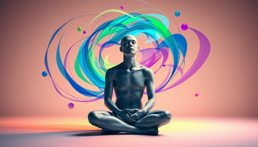 A human figure sits in a contemplative pose, surrounded by a whirlwind of colorful abstract shapes and lines. Vibrant hues of blue, green, and purple swirl around the central figure, suggesting a dynamic, creative thought process. The figure's eyes are closed, conveying deep focus and introspection. Soft, diffused lighting casts a warm glow, creating a sense of depth and atmosphere. The background is minimalist, allowing the central figure and the swirling shapes to be the focal point. This scene captures the essence of creative thinking - a state of heightened mental engagement, where ideas flow freely and the mind is open to new possibilities.