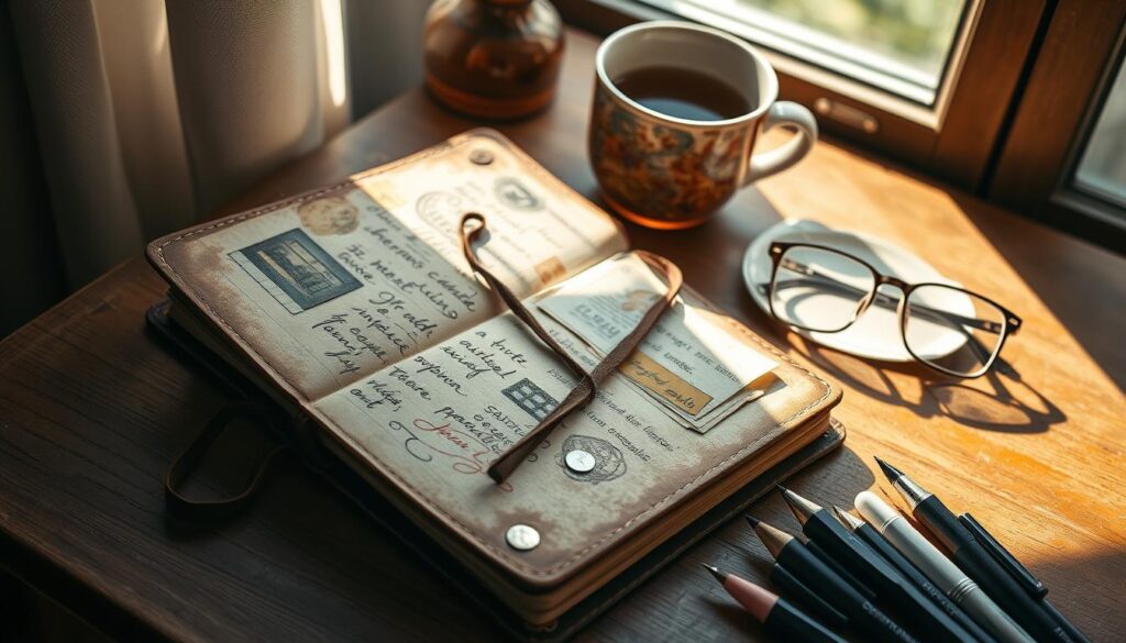 A leather-bound journal with a worn, textured cover rests on a wooden table, illuminated by soft, natural light streaming through a nearby window. The pages are filled with colorful sketches, handwritten notes, and collaged ephemera, reflecting the owner's creative journey. Nearby, a cup of steaming tea, a pair of vintage-inspired reading glasses, and a collection of fine-tipped pens and markers create a cozy, inspiring workspace. The overall atmosphere conveys a sense of thoughtfulness, contemplation, and the joy of self-expression through the art of journaling.