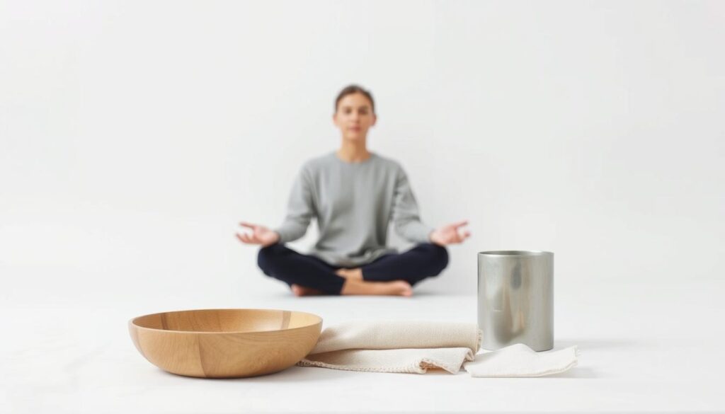 A minimalist lifestyle and ethical consumerism, against a soft white backdrop. In the foreground, a carefully curated collection of simple, high-quality products - a wooden bowl, a linen cloth, a metal cup. The middle ground features a person sitting in a meditative pose, their face obscured, symbolizing the mindfulness and intentionality of both philosophies. The background has muted shades of gray, conveying a sense of balance and restraint. The lighting is soft and diffused, creating a calming, contemplative atmosphere. The overall composition is clean, balanced, and visually striking, encouraging the viewer to reflect on the intersection of minimalism and ethical consumption.
