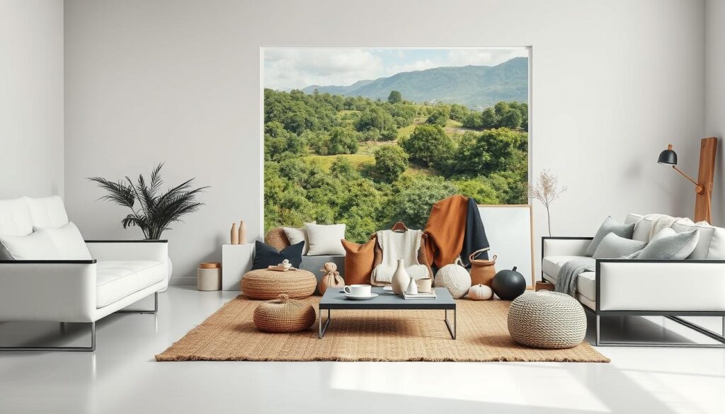 A minimalist lifestyle layout in the foreground, with sleek monochrome furniture, clean lines, and a sense of austerity. In the middle ground, an array of ethically sourced, sustainable products - organic textiles, fair-trade crafts, and eco-friendly home goods. The background features a lush, verdant landscape, symbolizing the environmental consciousness of ethical consumerism. Soft, natural lighting illuminates the scene, creating a tranquil, contemplative atmosphere. The overall composition invites the viewer to ponder the differences between minimalism and ethical consumerism as complementary approaches to conscious living.