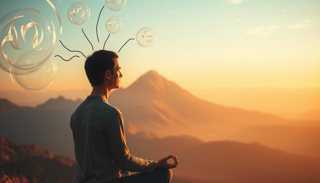 A serene and contemplative scene of a person overcoming their inner mental obstacles. In the foreground, a person in a meditative pose, their face resolute and determined, surrounded by swirling, translucent thought bubbles representing their anxieties and doubts. In the middle ground, a mountainous landscape, symbolic of the challenges they must climb, bathed in warm, golden light. In the background, a vast and tranquil sky, conveying a sense of clarity and perspective. The entire scene is rendered with a soft, dreamlike quality, emphasizing the introspective and emotional nature of the subject matter. The lighting is carefully balanced, creating depth and highlighting the central figure's sense of focus and resolve.