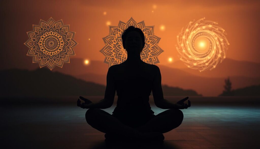 A serene, dimly lit studio setting. In the foreground, a person sits cross-legged, eyes closed, deeply focused on their breath, with visible air moving in and out. Behind them, a series of visual cues representing different breathwork techniques - intricate mandalas, glowing orbs, and swirling energy patterns. The background is a soft, ethereal landscape, with hints of natural elements like trees or mountains, creating a sense of balance and tranquility. Lighting is warm and soothing, creating a meditative atmosphere. The overall composition emphasizes the calming, introspective nature of the breathwork practice.