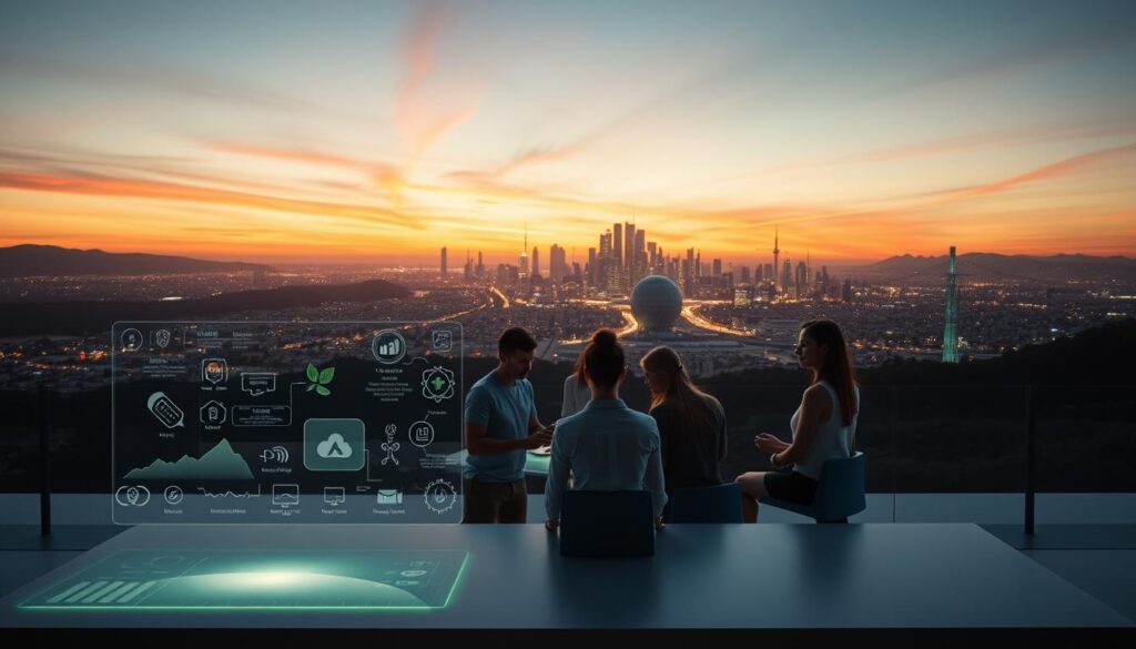 A serene, futuristic landscape depicting ethical technology in the digital age. In the foreground, a sleek, transparent holographic interface hovers above a minimalist desk, showcasing eco-friendly icons and data visualization. In the middle ground, a group of diverse individuals collaborate around a circular table, their faces illuminated by the soft glow of sustainable screens. In the background, a sprawling cityscape of gleaming, sustainable architecture rises against a vibrant, twilight sky, with renewable energy sources casting a warm, amber hue. The scene conveys a sense of harmony between technology and human values, highlighting the potential for ethical innovation in the modern, digital world.
