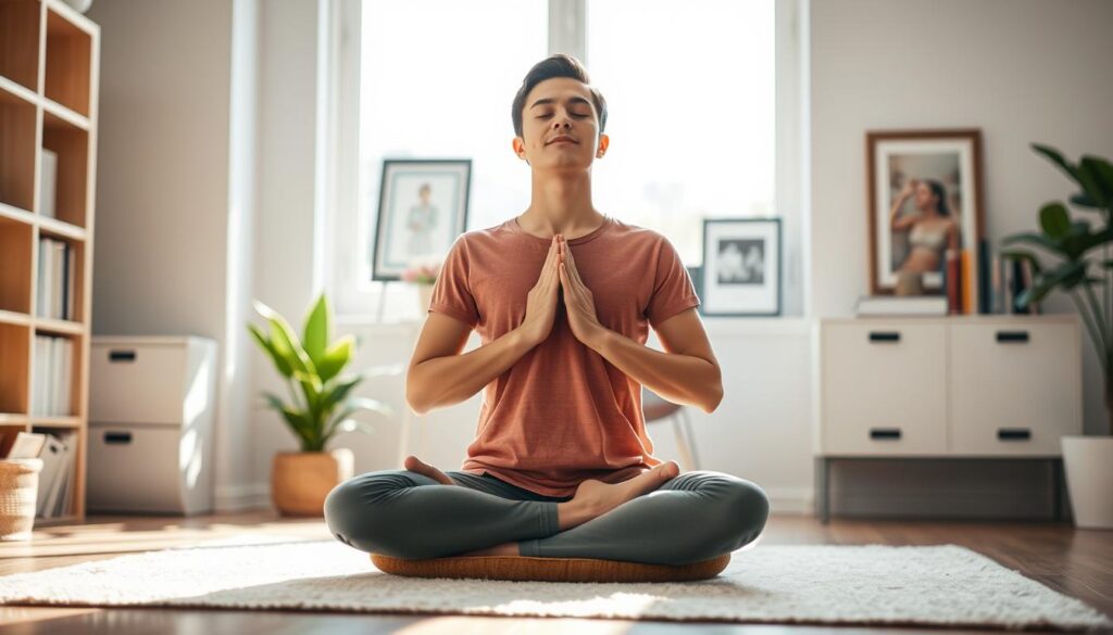 A serene home office scene, bathed in soft, natural lighting from a large window. In the foreground, a person practices deep breathing exercises, eyes closed, hands resting gently on their lap. In the middle ground, a meditation cushion and a potted plant add a calming, minimalist aesthetic. The background features carefully curated shelves displaying self-help books and framed artwork, radiating a sense of mindfulness and emotional wellness. The overall mood is one of tranquility, focus, and personal growth, capturing the essence of daily emotional regulation techniques.