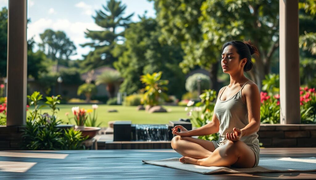 A serene meditation scene in a tranquil garden. In the foreground, a person sits cross-legged on a soft, cushioned mat, eyes closed in deep concentration. Their expression is calm and centered, hands resting gently on their lap. The middle ground features a small, gently flowing water feature, its gentle trickling sound creating a soothing ambiance. The background showcases a lush, verdant garden, with towering trees, vibrant flowers, and a clear, azure sky above. Soft, diffused natural lighting bathes the scene, creating an atmosphere of peace and relaxation. The overall vibe is one of mindfulness, stress relief, and mental resilience.