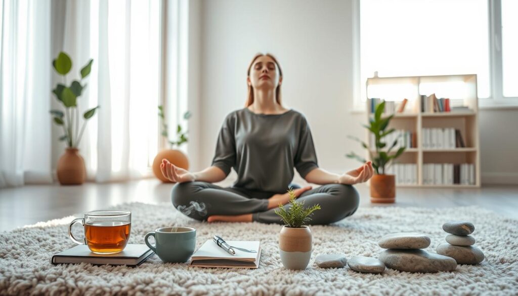 A serene, minimalist scene depicting the daily habits that cultivate inner calm. In the foreground, a person sits cross-legged on a plush rug, eyes closed in meditation. Surrounding them, an array of thoughtfully arranged objects - a steaming mug of herbal tea, a journal with a fountain pen, a potted plant, and a set of smooth river stones. The middle ground features soft, natural lighting spilling in through large, airy windows, casting a warm, comforting glow. In the background, a simple, yet elegant bookshelf holds volumes on mindfulness and wellness. The overall atmosphere exudes a sense of tranquility, inviting the viewer to slow down and embrace a peaceful, intentional lifestyle.