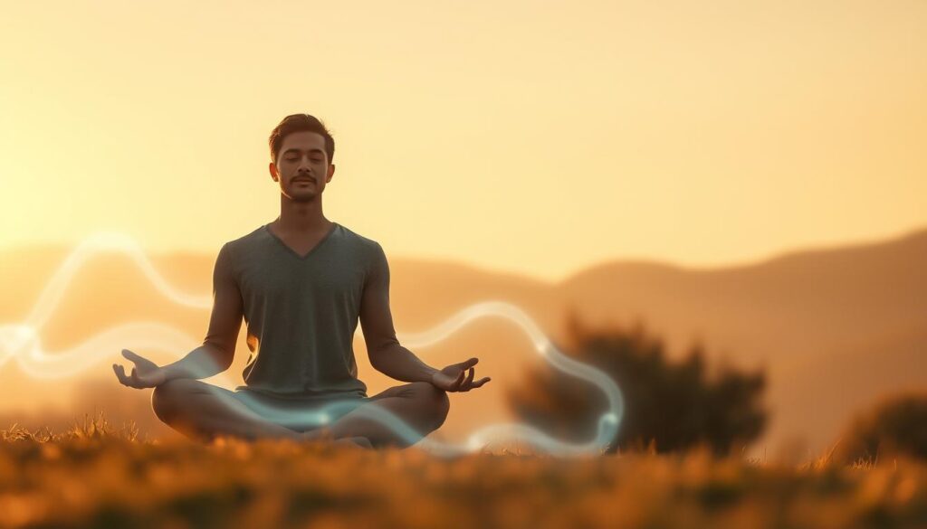 A serene, softly lit scene depicting a person calmly managing a stress force. In the foreground, a person sits in a meditative pose, their expression one of focused tranquility. Surrounding them, gentle waves of energy undulate, gradually dissipating like the ebb and flow of the tide. The background is a soothing, minimal landscape, perhaps a peaceful valley or garden, bathed in warm, diffused lighting that creates a sense of harmony and equilibrium. The overall atmosphere conveys the idea that stress can be a manageable, even productive force when approached with the right mindset and techniques.