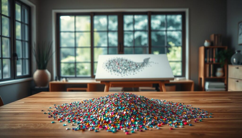 A serene, well-lit studio space with a large, wooden work table. In the foreground, an intricate diamond painting kit displays its sparkling array of colorful rhinestones, arranged in a loose pile. In the middle ground, nimble fingers carefully place each rhinestone onto the canvass, creating a mesmerizing, glittering pattern. The background features a large window overlooking a tranquil garden, bathing the scene in soft, natural light. The overall atmosphere evokes a sense of calm focus and mindful concentration, reflecting the meditative and stress-relieving nature of the diamond painting process.