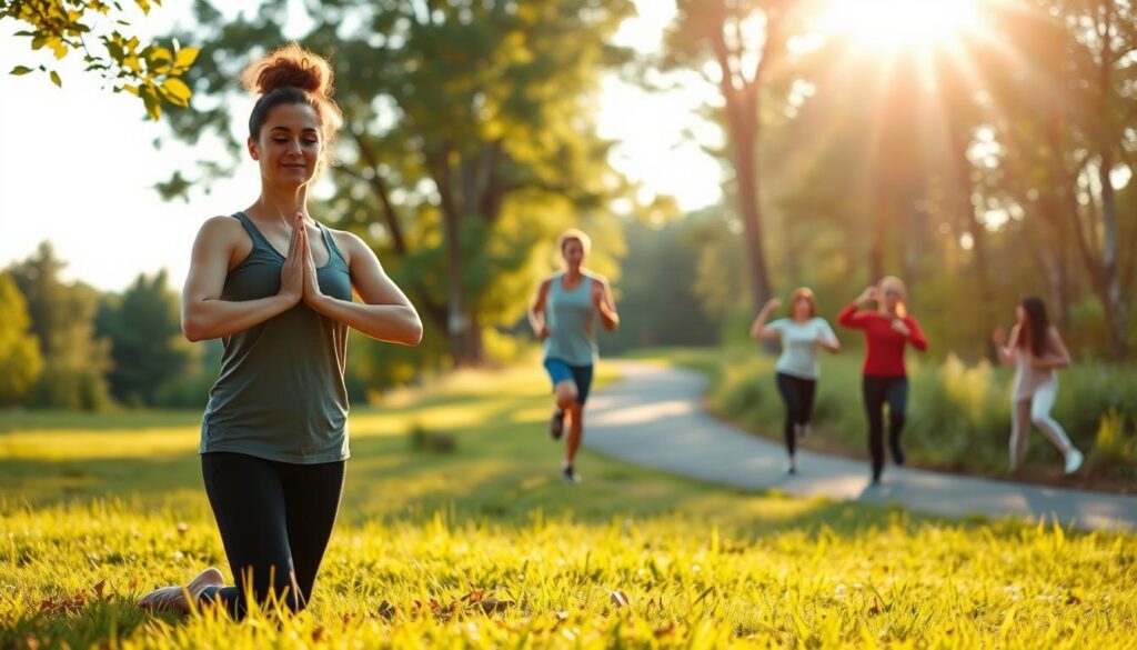 A sun-dappled outdoor scene showcasing various exercises for mental wellness. In the foreground, a person performs yoga poses on a serene meadow, their expression serene and focused. In the middle ground, another individual jogs along a tranquil forest path, surrounded by lush greenery. In the background, a group engages in tai chi, their movements fluid and graceful under the warm glow of a golden-hour sky. The lighting is soft and natural, casting a calming atmosphere. The lens captures a wide, panoramic view, emphasizing the harmony between physical activity and the natural environment. This image embodies the idea of staying active for improved mental health.