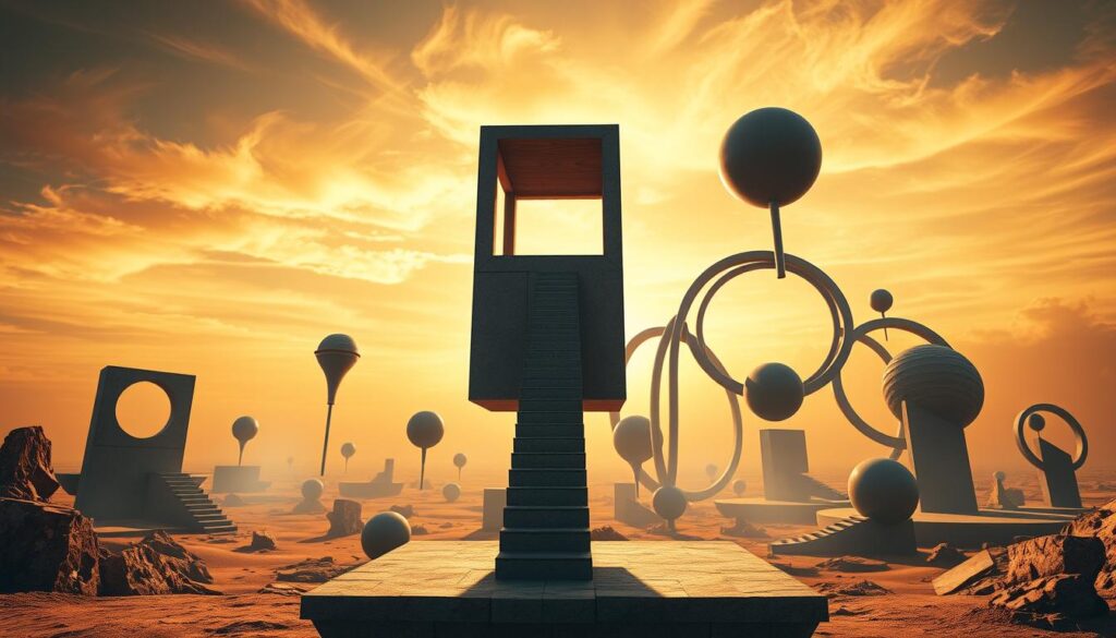 A surreal landscape of impossible geometric constructions, defying the laws of physics. In the foreground, a floating cube with stairs leading to an inverted platform suspended in mid-air. In the middle ground, a series of interconnected rings and spheres, twisting and turning in paradoxical patterns. The background is a dreamlike sky, painted with warm hues and wispy clouds, casting a soft, ethereal glow over the scene. The lighting is dramatic, with sharp contrasts and deep shadows, creating a sense of mysticism and wonder. Capture this visionary composition through a wide-angle lens, emphasizing the scale and complexity of the impossible objects, inviting the viewer to explore the boundaries of the imaginable.