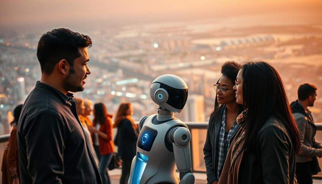 A thought-provoking scene of AI and social equity. In the foreground, a diverse group of people from different backgrounds interact harmoniously, their faces illuminated by the glow of holographic interfaces. In the middle ground, sleek robotic assistants move fluidly, seamlessly integrating into the community. The background reveals a sprawling metropolis, its architecture and infrastructure designed to promote accessibility and inclusivity. Warm, diffused lighting creates a sense of unity and progress, as the scene conveys a future where technology empowers social equity, breaking down barriers and fostering an equitable society.