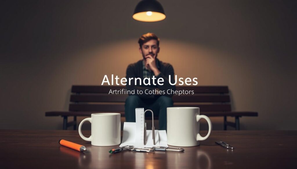 A thoughtful person sitting on a bench, their face illuminated by a warm, overhead light. In the foreground, an array of everyday objects - a pen, a mug, a paper clip - arranged in a creative configuration, hinting at the process of reimagining their potential. The background is a serene, minimalist setting, with clean lines and muted tones, allowing the focal point to shine. The overall atmosphere is one of contemplation and discovery, capturing the essence of "Alternate Uses: Thinking Outside the Box."