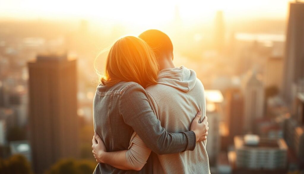 A vibrant, emotion-filled scene of two figures embracing, their bodies intertwined in a tender, supportive pose. The foreground captures the warmth and vulnerability shared between them, their expressions conveying deep understanding and trust. In the middle ground, a blurred, abstract cityscape symbolizes the complex landscapes of modern partnerships, while the background bathes the scene in soft, golden light, evoking a sense of tranquility and introspection. The overall composition suggests the power of emotional intelligence to cultivate resilient, fulfilling connections between individuals.