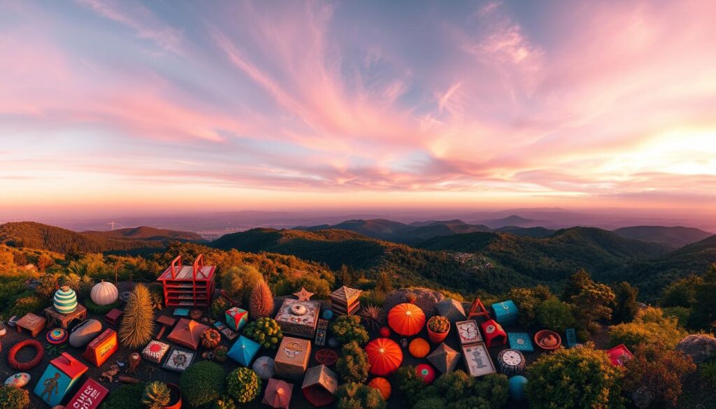 A vibrant panorama of inspiring goals, captured in a cinematic wide-angle lens. In the foreground, a diverse array of symbolic icons representing personal growth, achievement, and life purpose, bathed in warm, golden light. In the middle ground, a breathtaking landscape of rolling hills and lush forests, hinting at the boundless possibilities that await. The background is a stunning, ethereal sky, painted in hues of pink and lavender, suggesting a sense of wonder and limitless potential. The overall mood is one of optimism, motivation, and a deep yearning to pursue one's dreams, creating an image that both uplifts and ignites the imagination.