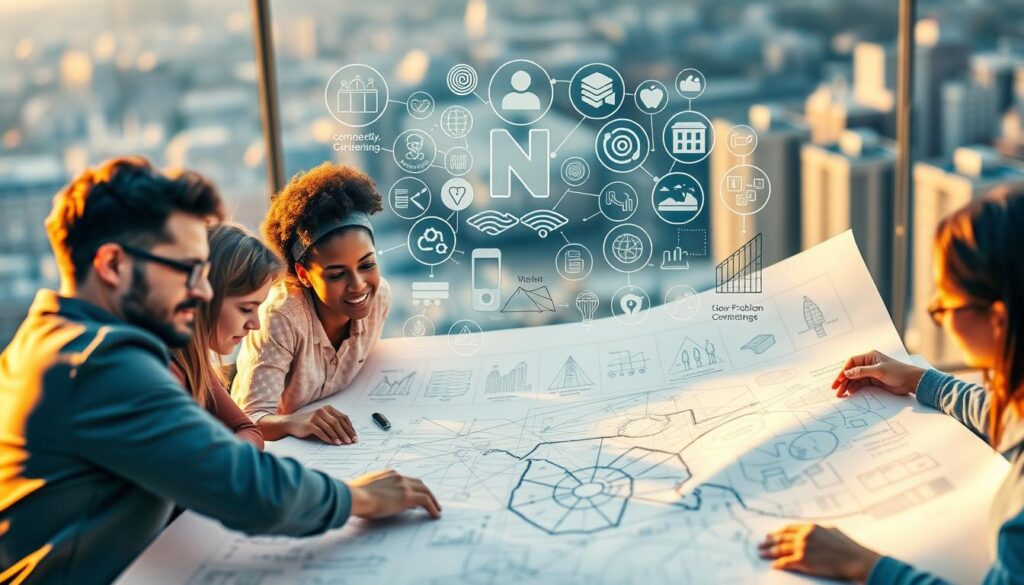 A vibrant, thought-provoking illustration of the key principles of social impact design. In the foreground, a diverse group of people collaborate on a large, intricate blueprint, their expressions thoughtful and engaged. The middle ground features a collage of symbolic icons and visualizations, representing core design tenets such as empathy, co-creation, systems thinking, and iterative innovation. The background showcases a softly blurred cityscape, hinting at the real-world applications and societal challenges that social impact design aims to address. Warm, diffused lighting casts a sense of purpose and optimism, while a slightly elevated camera angle conveys a holistic, bird's-eye view of the design process. The overall composition is visually striking, balancing technical details with an underlying narrative of human-centered, collaborative problem-solving.