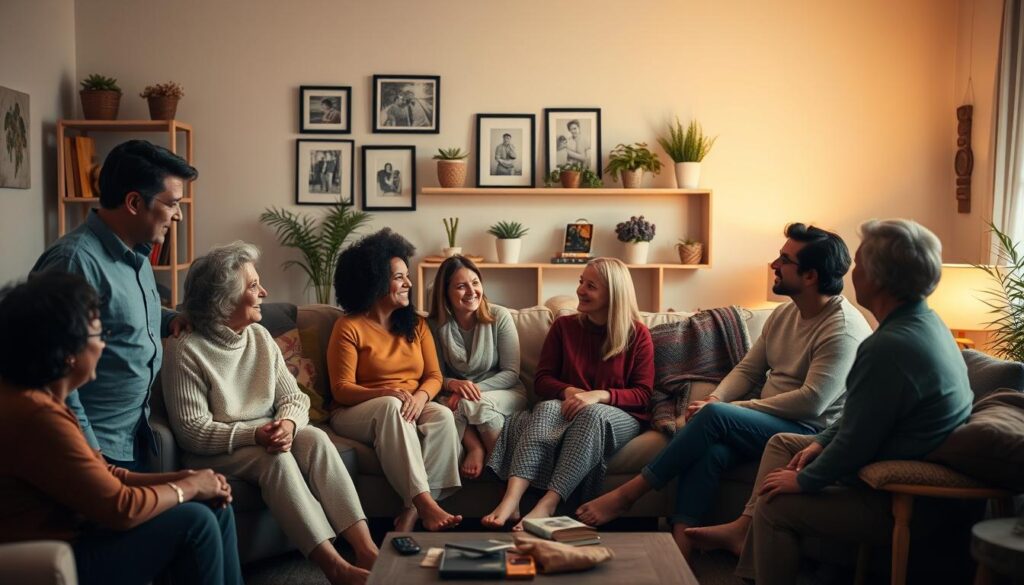 A warm, inviting scene of a diverse group of people gathered in a cozy living room, engaged in lively conversation and shared laughter. The soft, diffused lighting casts a serene, intimate glow, creating a sense of comfort and connection. In the foreground, people of different ages, ethnicities, and backgrounds sit or stand, their body language open and welcoming, as they listen intently and offer support to one another. In the middle ground, a large, plush sofa provides a central gathering point, its cushions inviting people to sink in and make themselves at home. The background features carefully curated personal touches, such as framed photographs, potted plants, and cozy throws, evoking a sense of belonging and shared experiences. The overall atmosphere is one of genuine care, empathy, and a deep sense of community.