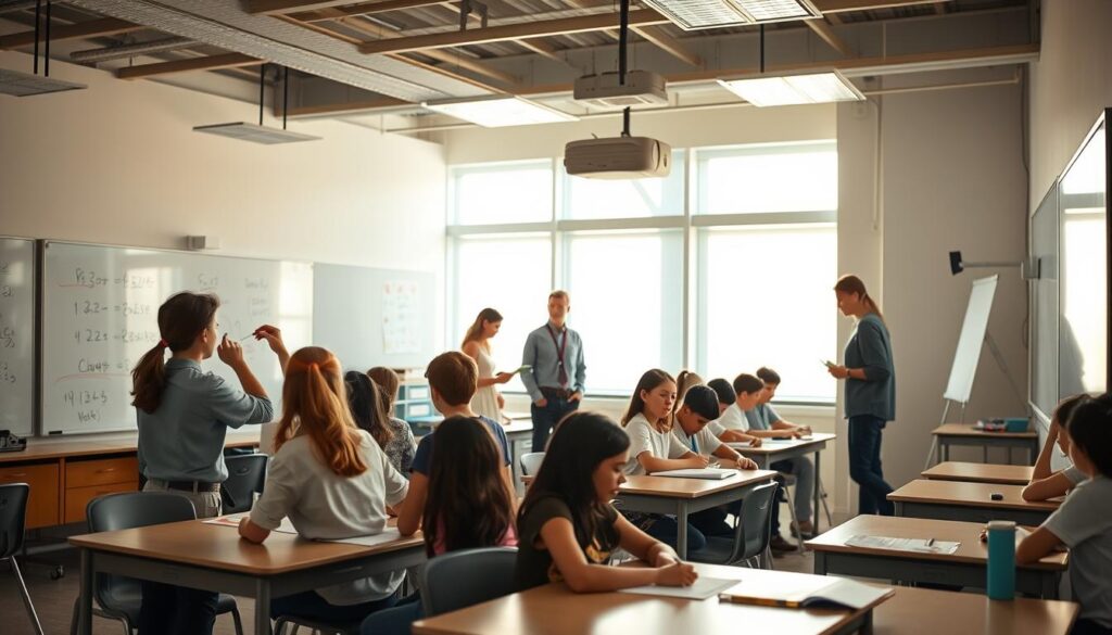 A well-lit classroom with students engaged in various educational activities. In the foreground, a group of students collaboratively solving a problem on a whiteboard, using colored markers. In the middle ground, several students working individually at their desks, focused on their tasks. In the background, the teacher circulates, observing and providing guidance. The lighting is warm and natural, creating a productive and collaborative atmosphere. The classroom is equipped with modern educational tools, such as a projector and smartboard, complementing the hands-on learning experiences. The overall scene conveys a growth mindset, where students are encouraged to take an active role in their learning and find creative solutions to challenges.