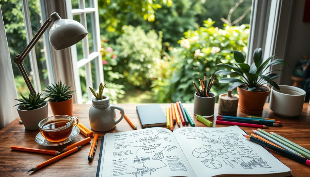 A well-lit, cozy home office with a wooden desk and a large window overlooking a lush, verdant garden. On the desk, an open notebook with a variety of colorful pens, pencils, and highlighters scattered around. Inspirational sketches, mind maps, and handwritten notes cover the pages, reflecting a creative and contemplative mood. A cup of warm tea and a few houseplants complete the serene, productive atmosphere, inviting the viewer to pause and engage in a moment of reflective journaling.