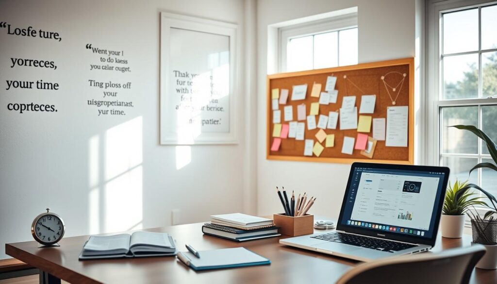 A well-organized home office with natural light streaming through large windows. On the desk, various productivity tools are neatly arranged: a timer, a planner, a desk organizer, and a laptop displaying a time management app. The walls are adorned with inspirational quotes about time management. A corkboard in the background displays schedules, to-do lists, and sticky notes. The overall atmosphere conveys a sense of focus, efficiency, and control over one's time.