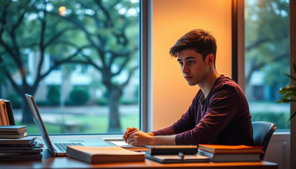 A young student sitting at a desk, deep in concentration, surrounded by books, laptops, and study materials. The lighting is soft and warm, creating a contemplative atmosphere. In the background, a window overlooking a peaceful campus, with trees swaying gently in the breeze. The student's expression is one of determination, tempered by a subtle sense of stress, reflecting the challenges and pressures of academic success. The overall scene conveys the balance between the pursuit of knowledge and the need for effective stress management, embodying the essence of emotional intelligence for students.