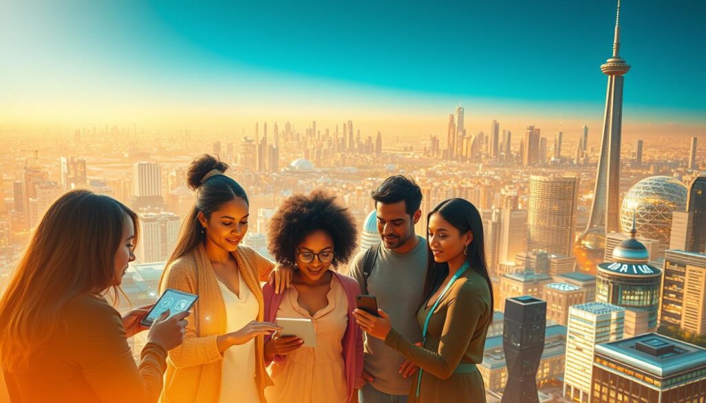 An ethereal cityscape illuminated by a warm, golden glow, symbolic of the harmonious integration of ethical technology into the fabric of society. In the foreground, a group of diverse individuals collaboratively engage with intuitive, holographic interfaces, their expressions serene and focused. The middle ground reveals sleek, eco-friendly buildings powered by renewable energy sources, their facades adorned with smart sensors and adaptive lighting. In the distance, a panoramic skyline showcases towering structures, their architectural designs reflecting principles of sustainability and human-centric design. The scene conveys a sense of technological empowerment, social well-being, and environmental consciousness, embodying the vital role of ethical technology in shaping a more equitable and prosperous future.