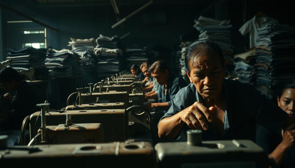 Garment workers toiling in a dimly lit factory, their faces etched with exhaustion. Rows of sewing machines whir in the foreground, casting long shadows across the cluttered workspace. In the background, stacks of fabric and half-finished garments loom, a testament to the unrelenting production demands. The lighting is harsh, creating dramatic contrasts that highlight the workers' weathered hands and strained expressions. A palpable sense of resignation and hardship fills the air, conveying the social consequences of the fast fashion industry. Cinéma vérité-style angles and a muted color palette evoke a somber, documentary-like aesthetic.