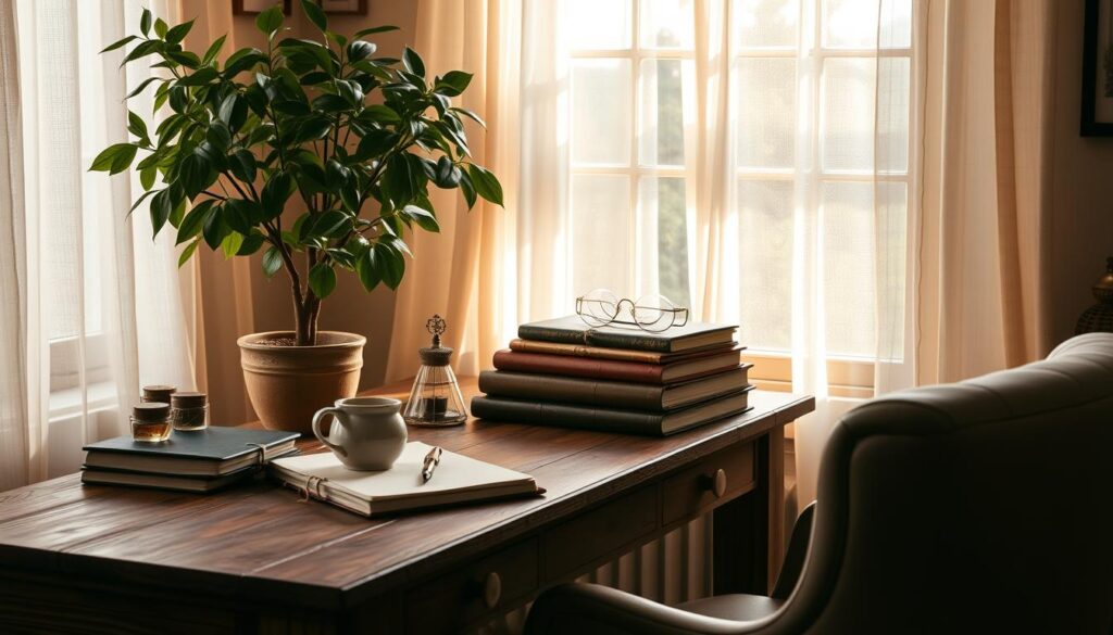 a cozy, well-lit home office with a rustic wooden desk, a lush houseplant, and a stack of leather-bound journals. Soft natural light filters through sheer curtains, casting a warm glow on the scene. A comfortable armchair sits nearby, inviting the viewer to settle in and lose themselves in the act of journaling. The desktop is adorned with an elegant fountain pen, a small ceramic mug of tea, and a few carefully placed decorative elements that evoke a sense of mindfulness and introspection. The overall atmosphere is one of tranquility, mindfulness, and the therapeutic power of the written word.
