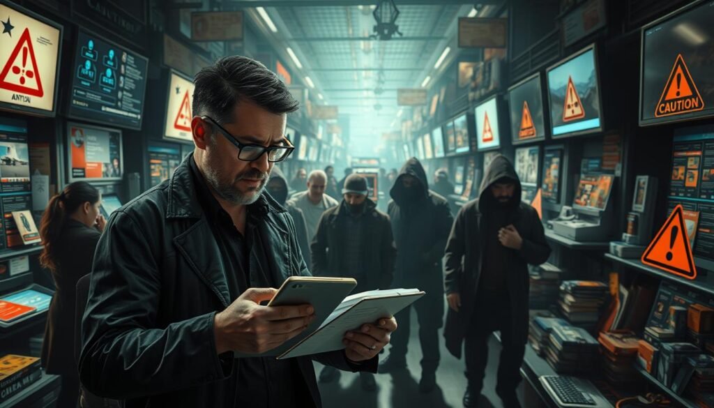 A bustling digital marketplace filled with suspicious characters, an unsuspecting online entrepreneur navigates the treacherous terrain. In the foreground, a wary figure examines an online listing, scrutinizing the details for any red flags. In the middle ground, shady figures lurk, their intentions obscured. The background depicts a maze of digital interfaces, cautionary icons and warning signs dotting the landscape, a constant reminder of the risks that lurk within. Dramatic lighting casts long shadows, creating an atmosphere of cautious vigilance. A wide-angle lens captures the full scope of this cautionary tale, inviting the viewer to be ever-watchful when venturing into the digital marketplace. A bustling digital marketplace filled with suspicious characters, an unsuspecting online entrepreneur navigates the treacherous terrain. In the foreground, a wary figure examines an online listing, scrutinizing the details for any red flags. In the middle ground, shady figures lurk, their intentions obscured. The background depicts a maze of digital interfaces, cautionary icons and warning signs dotting the landscape, a constant reminder of the risks that lurk within. Dramatic lighting casts long shadows, creating an atmosphere of cautious vigilance. A wide-angle lens captures the full scope of this cautionary tale, inviting the viewer to be ever-watchful when venturing into the digital marketplace.