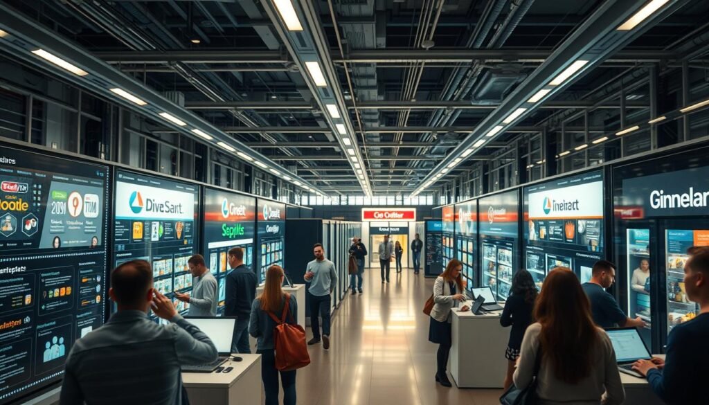 A bustling digital marketplace, framed by sleek technology interfaces. In the foreground, a streamlined transaction process unfolds - users navigating an intuitive dashboard, reviewing business listings, and securely completing deals. The middle ground features virtual storefronts showcasing diverse online enterprises, their logos and branding elements illuminated by soft, diffused lighting. In the background, a backdrop of interconnected servers, data centers, and cloud infrastructure symbolizes the seamless digital ecosystem powering this dynamic marketplace. An atmosphere of efficiency, trust, and limitless entrepreneurial potential pervades the scene, captured through a cinematic, wide-angle lens. A bustling digital marketplace, framed by sleek technology interfaces. In the foreground, a streamlined transaction process unfolds - users navigating an intuitive dashboard, reviewing business listings, and securely completing deals. The middle ground features virtual storefronts showcasing diverse online enterprises, their logos and branding elements illuminated by soft, diffused lighting. In the background, a backdrop of interconnected servers, data centers, and cloud infrastructure symbolizes the seamless digital ecosystem powering this dynamic marketplace. An atmosphere of efficiency, trust, and limitless entrepreneurial potential pervades the scene, captured through a cinematic, wide-angle lens.