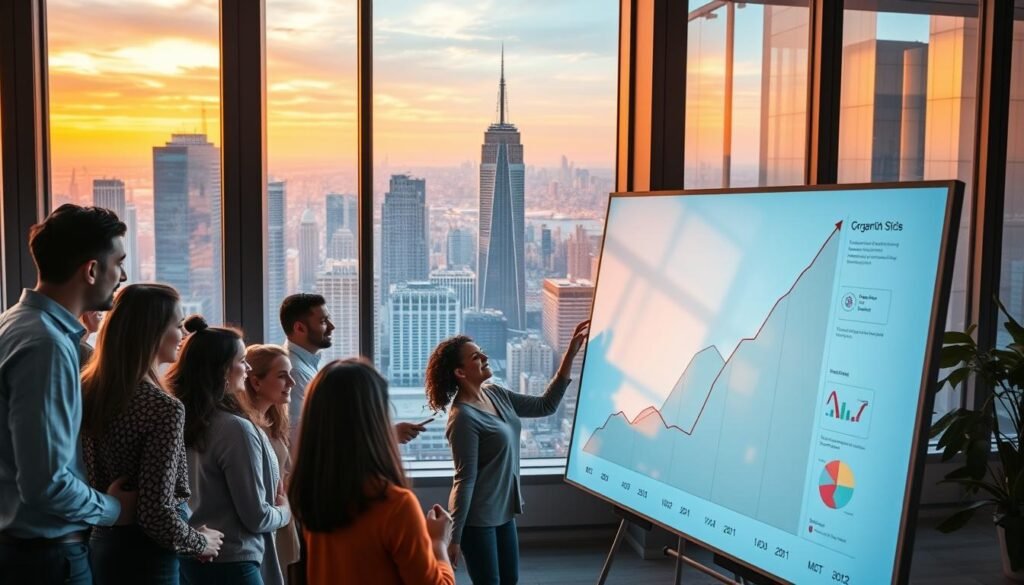 A bustling office scene with a vibrant, modern aesthetic. In the foreground, a diverse team of professionals enthusiastically discussing business growth strategies on a large digital whiteboard. Midground, a towering graph depicting a steadily rising line, symbolizing the company's success. In the background, floor-to-ceiling windows offer a panoramic view of a dynamic cityscape, bathed in warm, golden-hour lighting. The overall atmosphere conveys a sense of progress, collaboration, and the transformative power of Appsumo's lifetime software deals.
