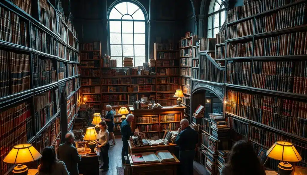 A bustling rare book marketplace set in a cozy, well-lit interior. Rows of wooden shelves display a vast collection of leather-bound tomes, their spines adorned with intricate gold-leaf patterns. Patrons leisurely browse the stacks, their faces illuminated by the warm glow of table lamps and the soft sunlight filtering through large arched windows. In the center, an ornate oak counter stands, where a knowledgeable bookseller assists customers in their search for that elusive, one-of-a-kind volume. The atmosphere is one of quiet contemplation, with the gentle rustling of pages and the occasional murmur of conversation creating a soothing ambiance. A scene that evokes the timeless allure of the written word and the joy of discovering literary treasures.