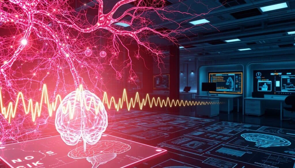 A cerebral landscape featuring intricate neural networks pulsating with vibrant, iridescent energy. In the foreground, a holographic display showcases brainwave patterns and their rhythmic dance, illuminated by a soft, diffused light. The middle ground reveals detailed anatomical diagrams of the human brain, their structures and functions rendered in stunning detail. In the distant background, a futuristic laboratory setting with state-of-the-art equipment and displays, creating an atmosphere of scientific innovation and discovery. The overall scene conveys a sense of deep understanding and exploration of the inner workings of the mind, capturing the essence of the science behind NeuroVizr's groundbreaking technology. A cerebral landscape featuring intricate neural networks pulsating with vibrant, iridescent energy. In the foreground, a holographic display showcases brainwave patterns and their rhythmic dance, illuminated by a soft, diffused light. The middle ground reveals detailed anatomical diagrams of the human brain, their structures and functions rendered in stunning detail. In the distant background, a futuristic laboratory setting with state-of-the-art equipment and displays, creating an atmosphere of scientific innovation and discovery. The overall scene conveys a sense of deep understanding and exploration of the inner workings of the mind, capturing the essence of the science behind NeuroVizr's groundbreaking technology.