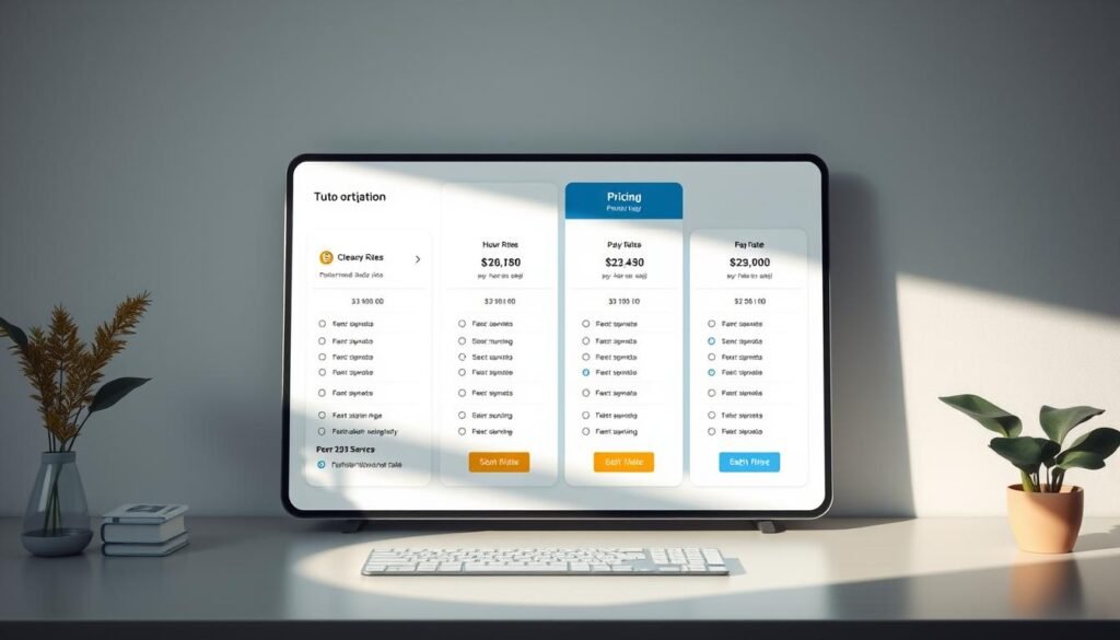 A clean and modern tutoring platform interface, showcasing a clear pricing structure with different subscription tiers and pay-per-session options. The layout features intuitive navigation, with well-defined sections for hourly rates, package deals, and additional service fees. The color palette is minimalist, with a mix of cool grays and warm accents to create a professional and approachable atmosphere. The scene is bathed in soft, diffused lighting, creating depth and highlighting the key information. The composition balances negative space and strategic placement of visual elements, guiding the viewer's eye through the details of the tutoring platform's fees and pricing.