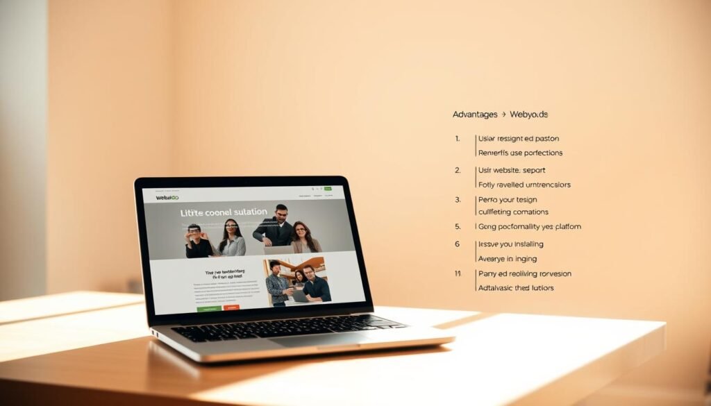 A clean, minimal website design with a grid layout showcasing the pros and cons of using a website builder. In the foreground, a laptop display presents a well-crafted website, while in the background, two columns list the advantages and disadvantages of the platform in a simple, organized manner. The scene is bathed in warm, natural lighting, creating a professional and inviting atmosphere. The composition emphasizes the balance between the visual appeal of the website and the practical considerations of the website builder. The image should convey a sense of thoughtful evaluation of the Webydo platform. A clean, minimal website design with a grid layout showcasing the pros and cons of using a website builder. In the foreground, a laptop display presents a well-crafted website, while in the background, two columns list the advantages and disadvantages of the platform in a simple, organized manner. The scene is bathed in warm, natural lighting, creating a professional and inviting atmosphere. The composition emphasizes the balance between the visual appeal of the website and the practical considerations of the website builder. The image should convey a sense of thoughtful evaluation of the Webydo platform.