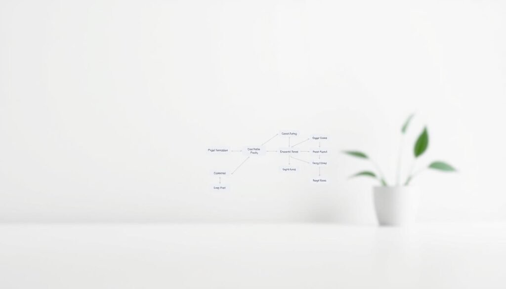 A clean, minimalist composition depicting project management flowcharts. The foreground features a series of interconnected flowchart diagrams, with clean lines, geometric shapes, and intuitive icons representing key project milestones and workflows. The middle ground shows a neutral, off-white background, lending a sense of simplicity and focus to the diagrams. The background is softly blurred, creating a subtle, professional ambiance. The lighting is soft and diffused, accentuating the clarity and legibility of the flowcharts. The overall mood is one of efficiency, organization, and visual simplicity, reflecting the capabilities of MindManager to streamline project management.