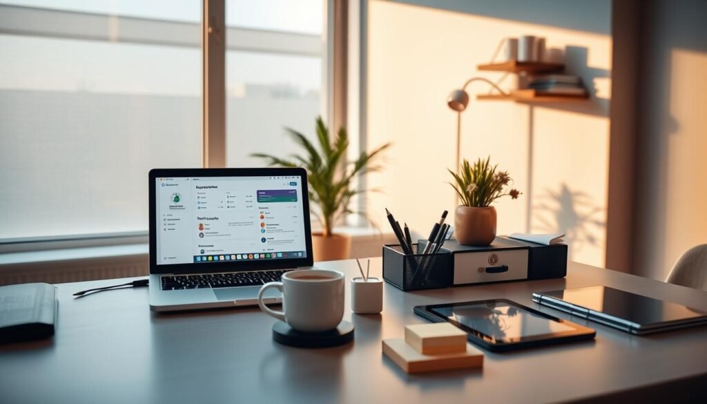 A clean, minimalist workspace with a laptop, tablet, and desk organizers arranged neatly. The laptop screen displays a task management dashboard with intuitive icons and clean UI design. Warm, natural lighting from a large window casts a soft glow, creating a productive and focused ambiance. The middle ground features a cup of coffee, a pen holder, and sticky notes, symbolizing the tools of the trade. In the background, a plant and floating shelves with books and decor elements add a touch of sophistication. The overall scene conveys efficiency, organization, and a sense of control over one's tasks and workflow.