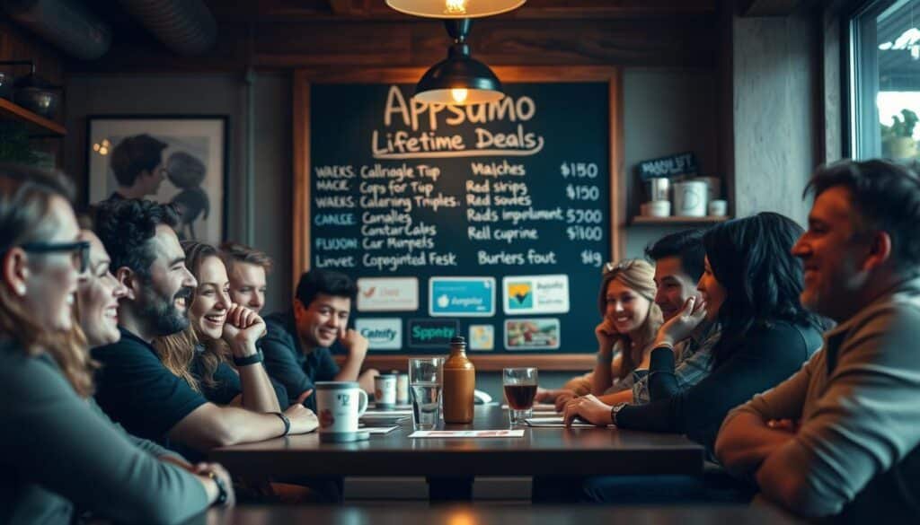 A cozy cafe setting, with a group of individuals gathered around a table, eagerly discussing their experiences with various Appsumo deals. The foreground features a diverse array of facial expressions, from enthusiastic smiles to thoughtful contemplation, capturing the essence of real user reviews. The middle ground showcases a chalkboard menu board, displaying a selection of popular Appsumo lifetime deals. The background is softly blurred, allowing the focus to remain on the engaging conversation and the shared camaraderie among the users. The lighting is warm and inviting, casting a gentle glow over the scene, conveying a sense of comfort and trustworthiness. The overall atmosphere suggests a genuine, relatable experience that potential customers can envision themselves being a part of.