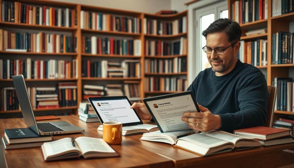 A cozy home office with a wooden desk, a laptop, and a stack of books. On the desk, there are several open books, a pen, and a cup of coffee. The walls are adorned with bookshelves filled with a diverse collection of books, creating a warm and inviting atmosphere. In the foreground, a customer is browsing through customer reviews on a tablet, their expression reflecting a sense of trust and satisfaction. The room is illuminated by a soft, natural light filtering through a nearby window, casting a gentle glow on the scene. The overall mood is one of tranquility, knowledge, and the joy of discovering new literary treasures through AbeBooks.