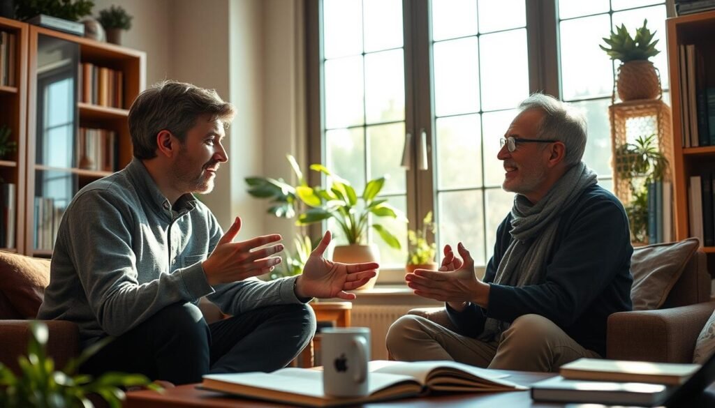 A cozy home study with a native speaker and language learner engaged in a lively conversation. Soft natural lighting filters through large windows, casting a warm glow. The learner leans forward, intently listening as the native speaker gestures expressively. Bookcases line the walls, hinting at the depth of linguistic knowledge. A gentle, collaborative atmosphere pervades the scene, reflecting the benefits of learning with an experienced local guide. The composition is balanced, with the figures in the foreground and the background providing context without distraction.